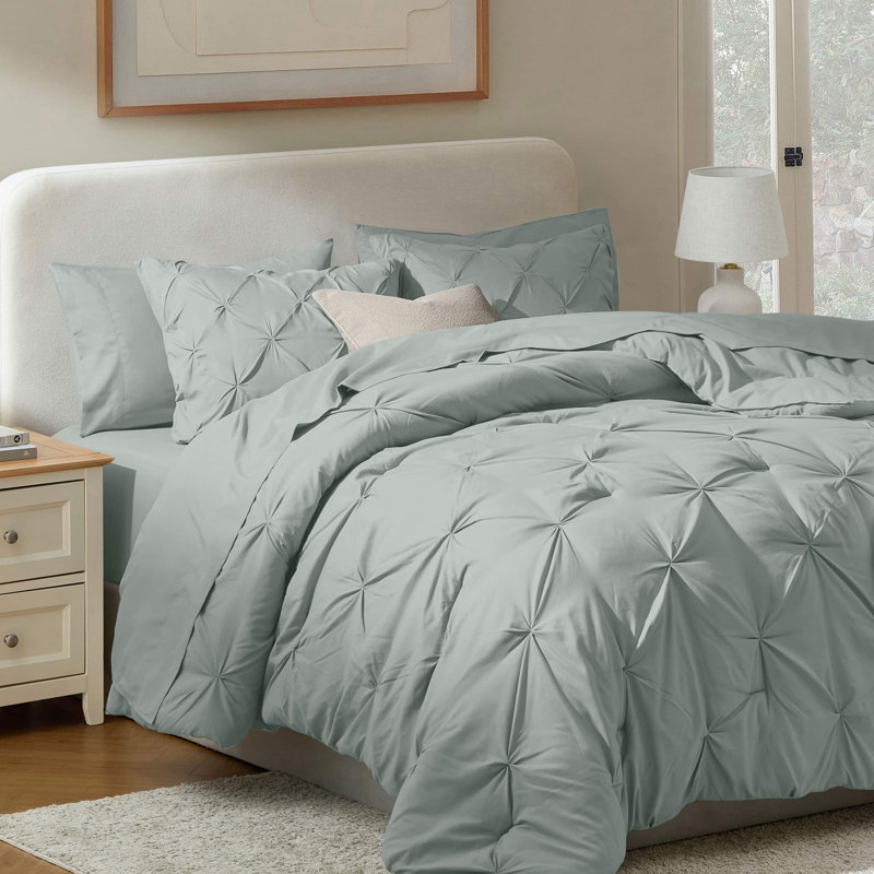 Bed-in-A-Bag Pleated Comforter Set with Bed Sheets, Sage Green, Full / Double Comforter + 6 Additional Pieces