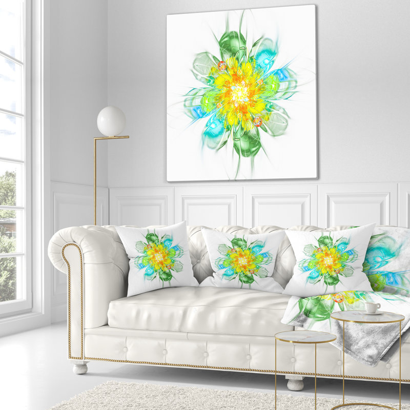 Coussin imprimé floral jaune et bleu, 18 po x 18 po, Coussin décoratif