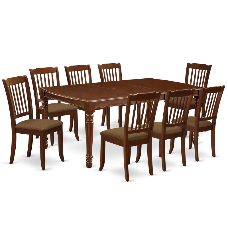 Ensemble de table de salle à manger 9 pièces comprenant une table de salle à manger rectangulaire avec rallonge papillon et 8 chaises en tissu de lin, acajou