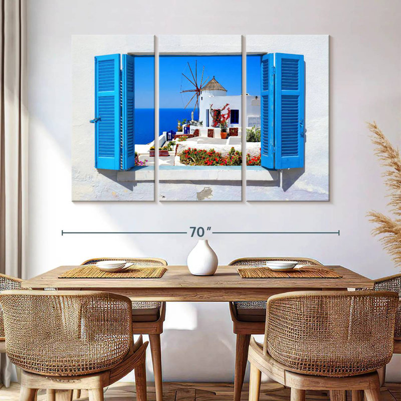 Sebbie Oia Windmill Window View, 42" H x 65" W