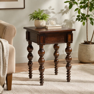 Solid Wood End Table with Drawer, Easy Assembly Vintage Narrow Sofa Side Table for Living Room, Espresso