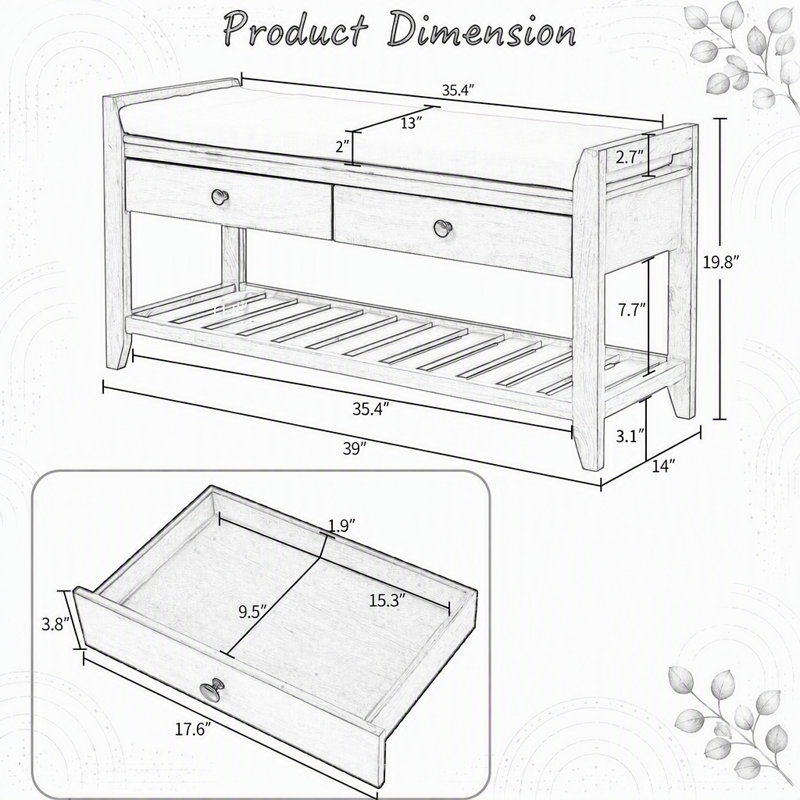 Range-chaussures avec siège rembourré et tiroirs, banc de rangement polyvalent pour entrée, Brun, Brun