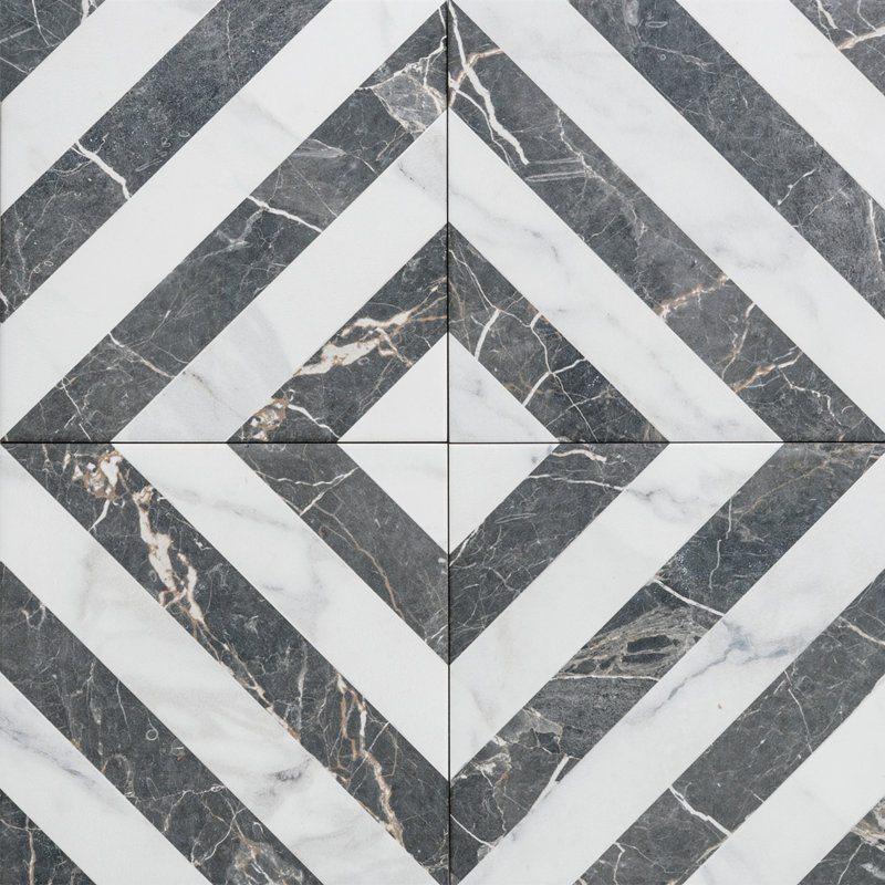 Carreau de porcelaine mat à motif géométrique 8 po x 8 po Palace, Noir / blanc