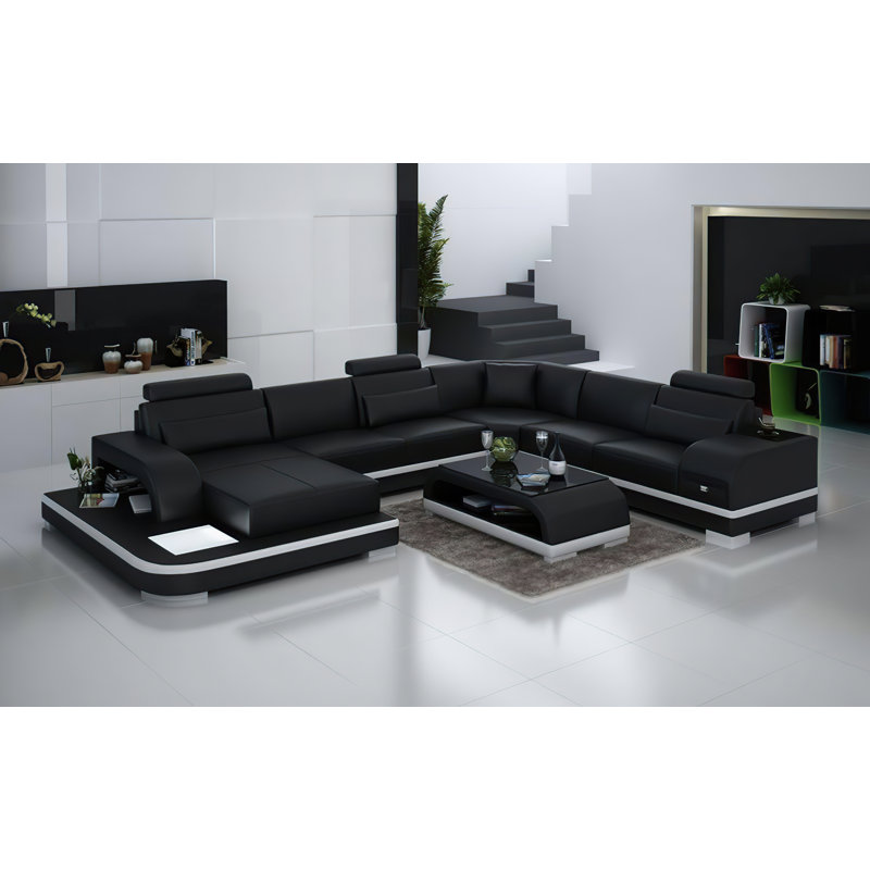 Ariyani Upholstered U-Shaped Sectional, Left Hand Facing, Black/White 