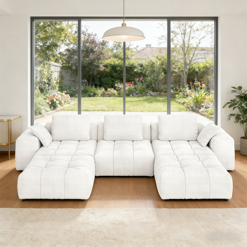 Canapé rembourré, canapé modulaire 5 places avec 2 repose-pieds pour le salon, Beige