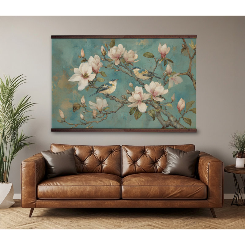 Magnolia Flower Bird Canvas Wall Art Botanical Nature Wall Tapestry Vintage Floral Wall Decor, 45''Hx73''W