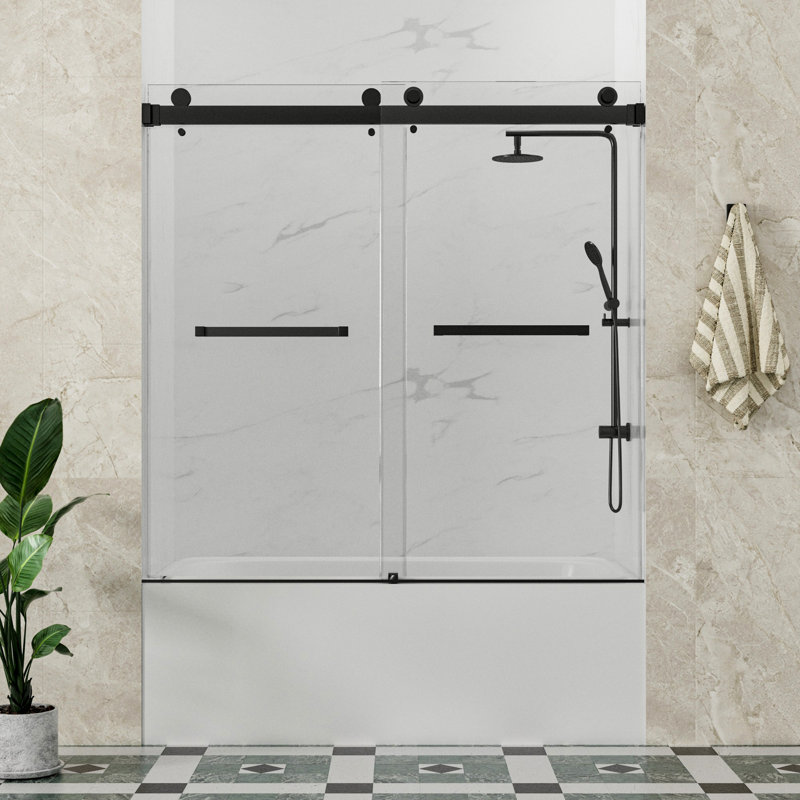 Catalyst 56"- 60" W x 66" H Double Sliding Frameless Shower Tub Door in Matte Black with 3/8" Clear Glass, Matte Black