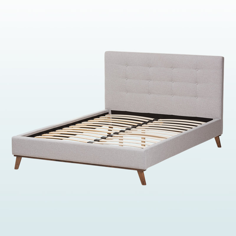 Valencia Queen-Sized Greyish Beige Tufted Upholstered Bed with Walnut Legs