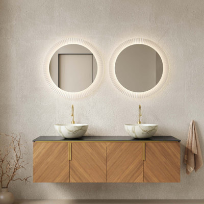 Meuble-lavabo de salle de bain, meuble de rangement flottant en contreplaqué pour salle de bain avec 4 portes, 2 cuves en céramique avec motif en pierre et comptoir en pierre frittée