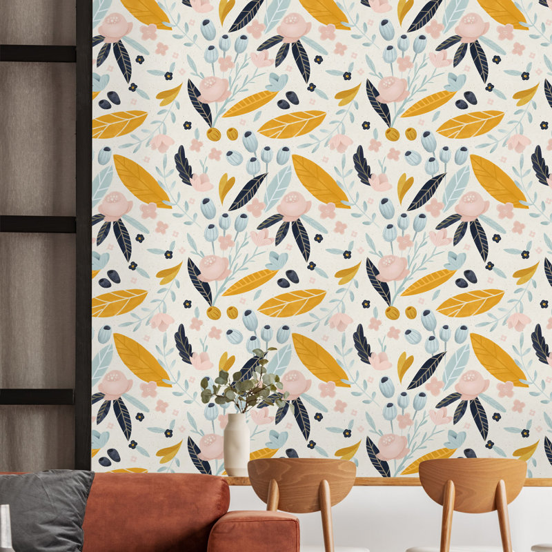Pastel Orange Flowers Peel And Stick Wallpaper, 16.67" L x 25" W