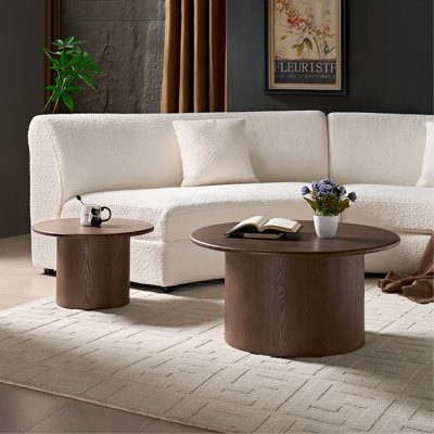 Ensemble de 2 tables basses, table basse ronde en panneau de fibres à densité moyenne pour salon, appartement et espace de loisirs en noyer