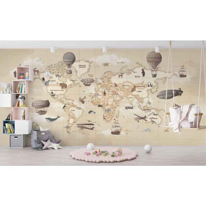 Papier peint carte du monde rétro, L 108 po x l 96 po