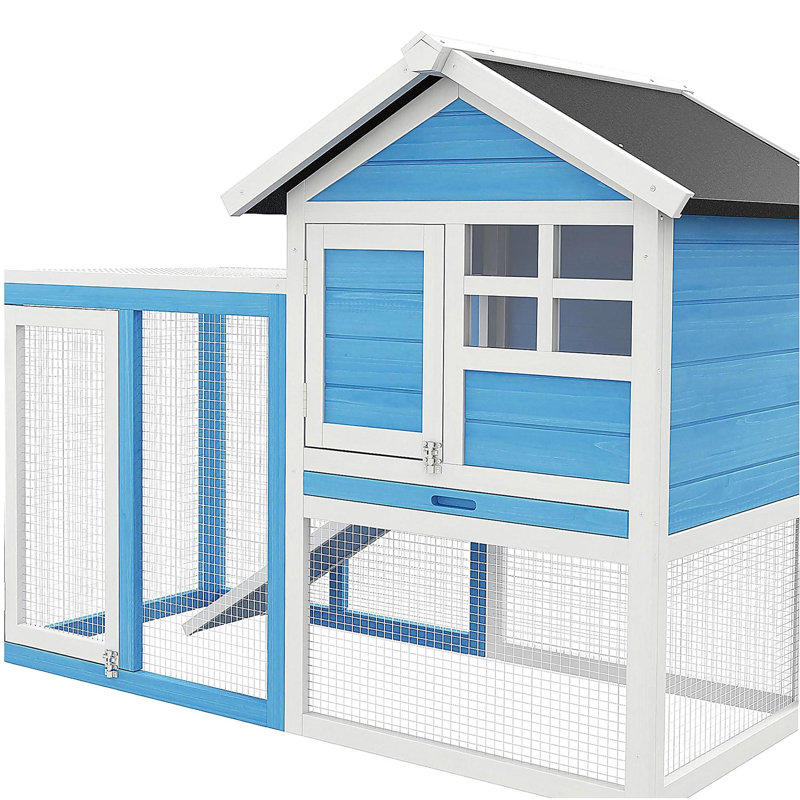 Cage à lapin en bois 48 po avec toit en asphalte imperméable PawHut, course extérieure amusante, plateau et rampe amovibles, bleu clair