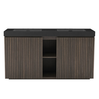  Adria 60" Freestanding Double Bathroom Vanity with Integrated Black Quartz Sink, Fluted Wood Cabinet, Soft-Close Storage, in Walnut Brown / Smoked / Light Oak