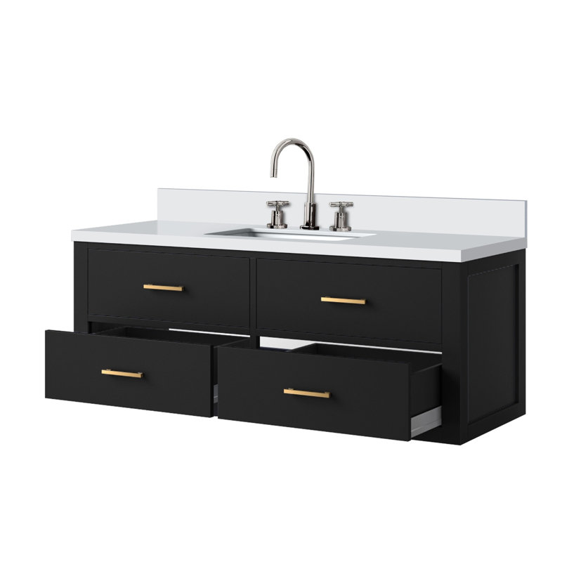 Ensemble de meuble-lavabo simple noir l 48 po x P 22 po, comptoir en quartz blanc et robinet, Black, 48"