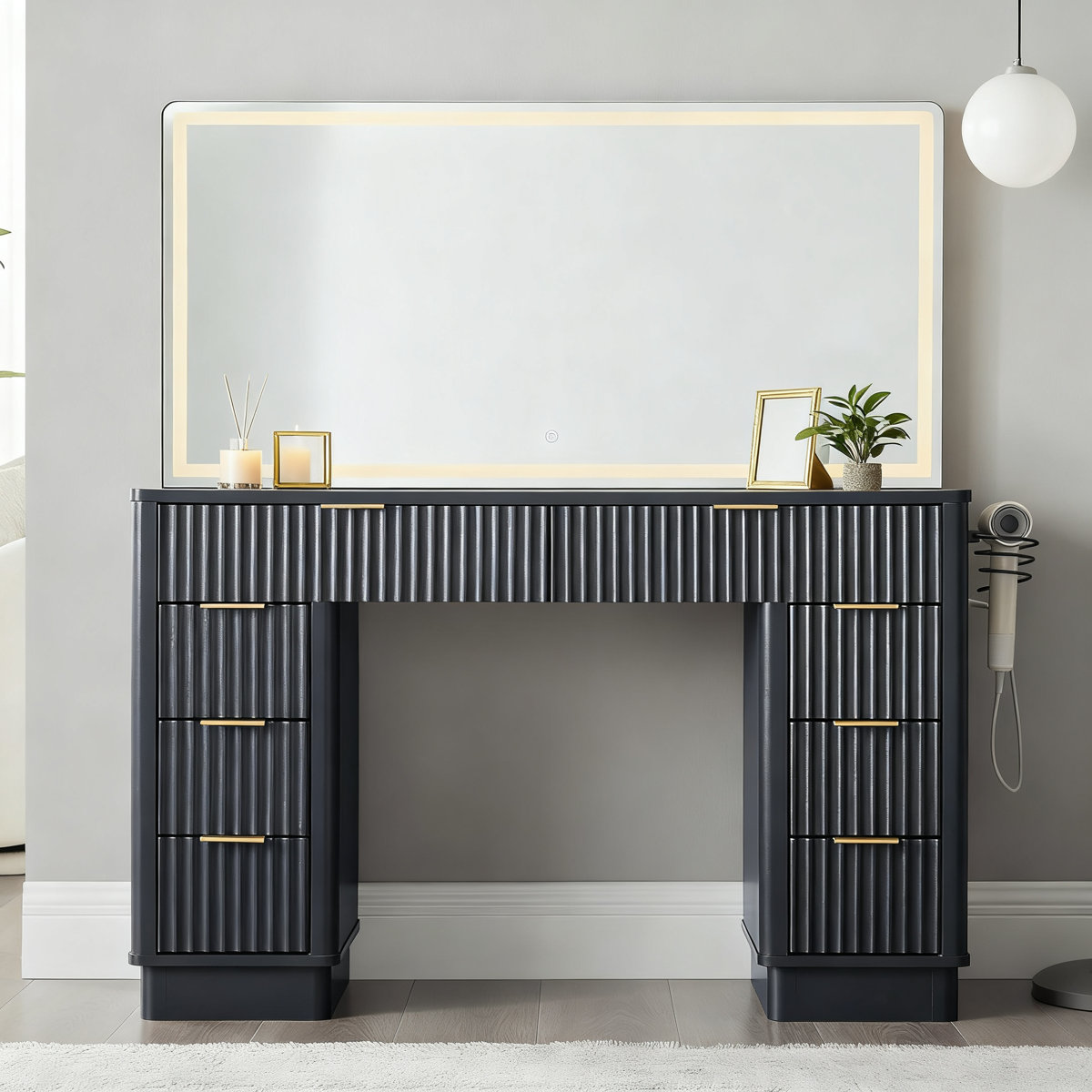 48" Fluted Vanity Desk With Led Mirror & Wireless Charging