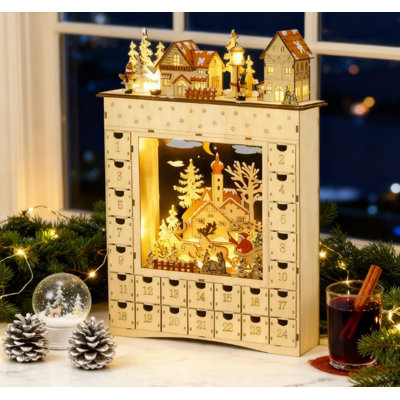 Wooden Christmas Advent Calendar with LED Lights, 24 Drawers Countdown Tabletop Holiday Decor
