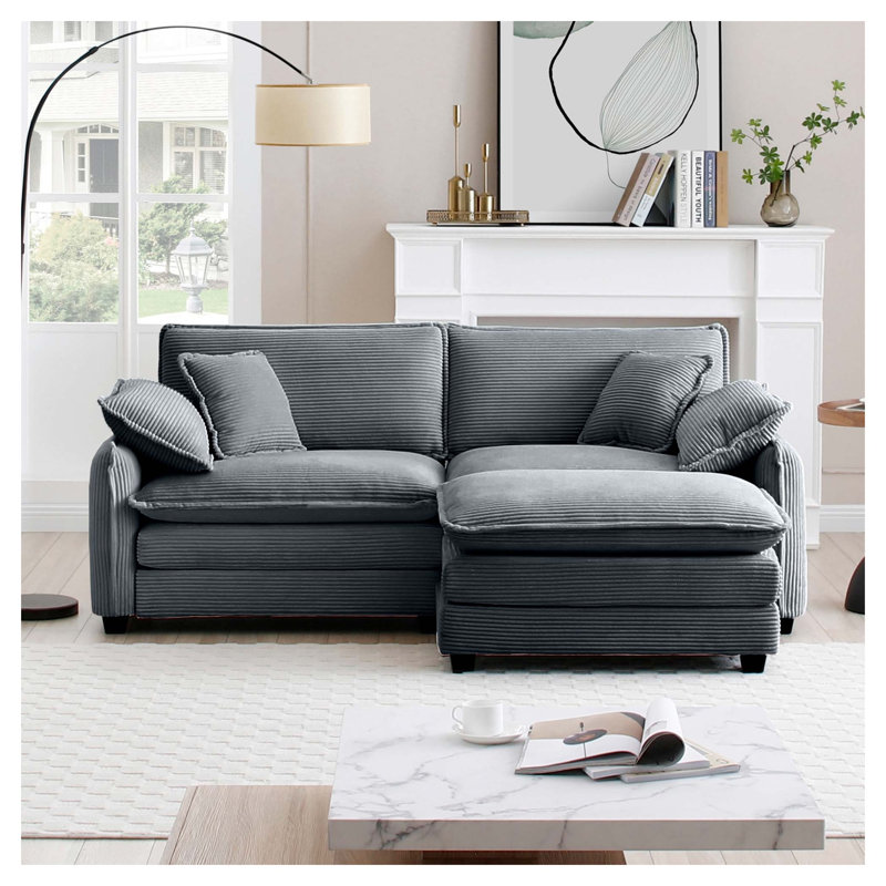 Canapé modulaire gris en forme de L avec repose-pieds et canapé compact 2 places pour petits espaces de vie