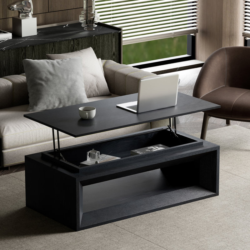 Table basse rectangulaire avec plateau relevable de 43,3 po avec rangement, table basse moderne en panneau de fibres à densité moyenne avec placage en bois et plateau flottant