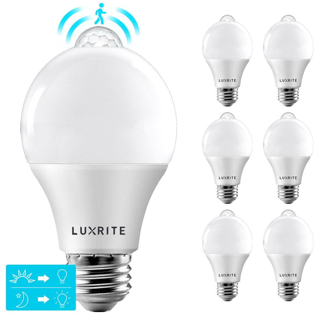 9 Watt (60 Watt Equivalent), A19 LED, Motion Sensor Light Bulb, E26/Medium (Standard) Base (Set of 6) Luxrite
