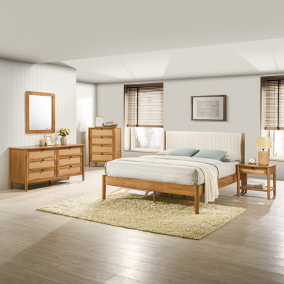 Chylie 5-Piece Rubberwood Bedroom Set with Corduroy Upholstered Queen Bed, Dresser, Mirror, Nightstand, and Chest by Bay Isle Home