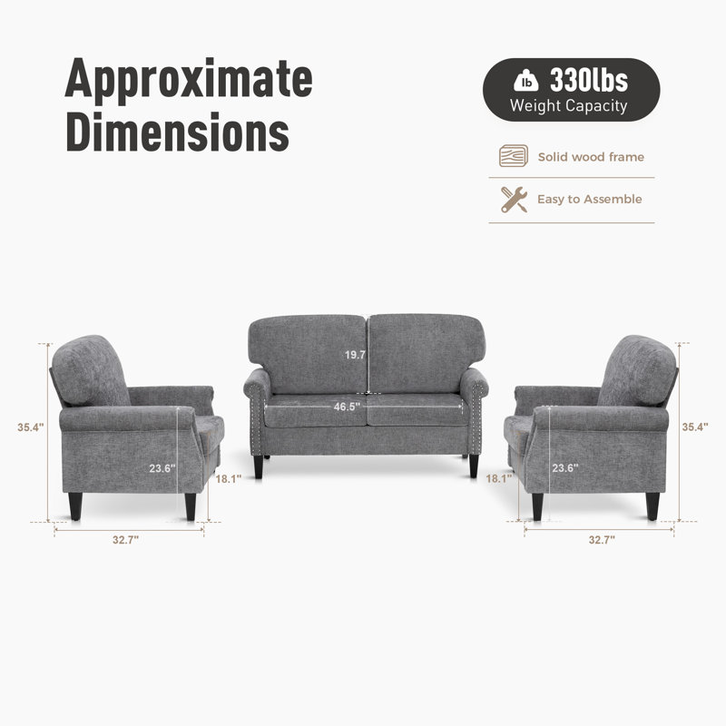 Four-Seater Solid Wood Sofa With  Linen Fabric, Gray