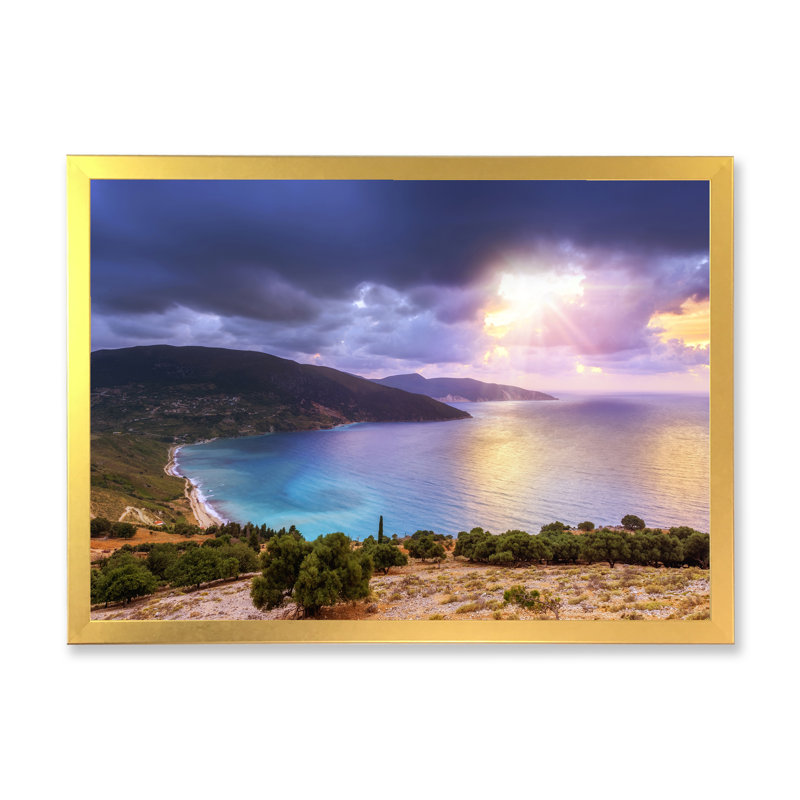Été coucher de soleil sur la mer - art mural sur toile nautique et côtier, H 32 po x l 16 po x P 1 po, Cadre doré