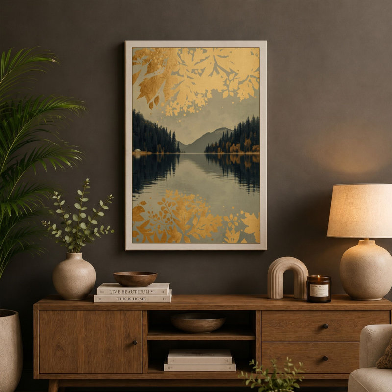 Mountain Lake in Gold Art Deco - Wrapped Canvas, 24x16 - 61.0 x 40.6 cm, Ochre Border