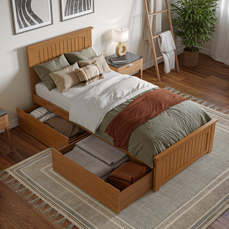 Lit plateforme en bois massif Kindig Cottage avec pied de lit et tiroirs de rangement assortis, Simple TG, Caramel clair