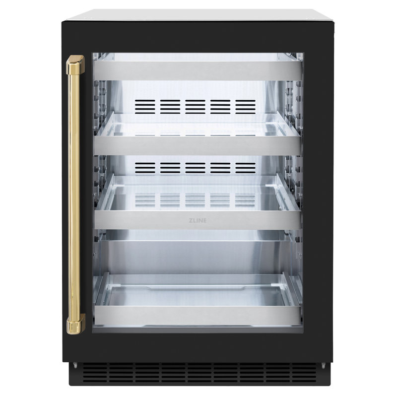 ZLINE Autograph Edition 24 in. Touchstone 151 Can Beverage Fridge with Glass Door and Handle,  Black Matte/Polished Gold