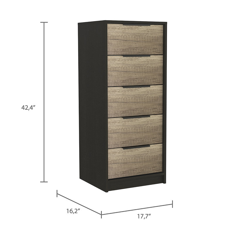 Commode 5 tiroirs, commode verticale, Beige/noir