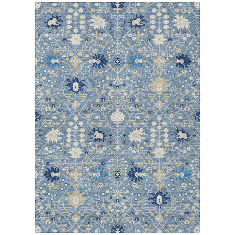 Blue and Beige Flat Woven Rectangular Synthetic Rug