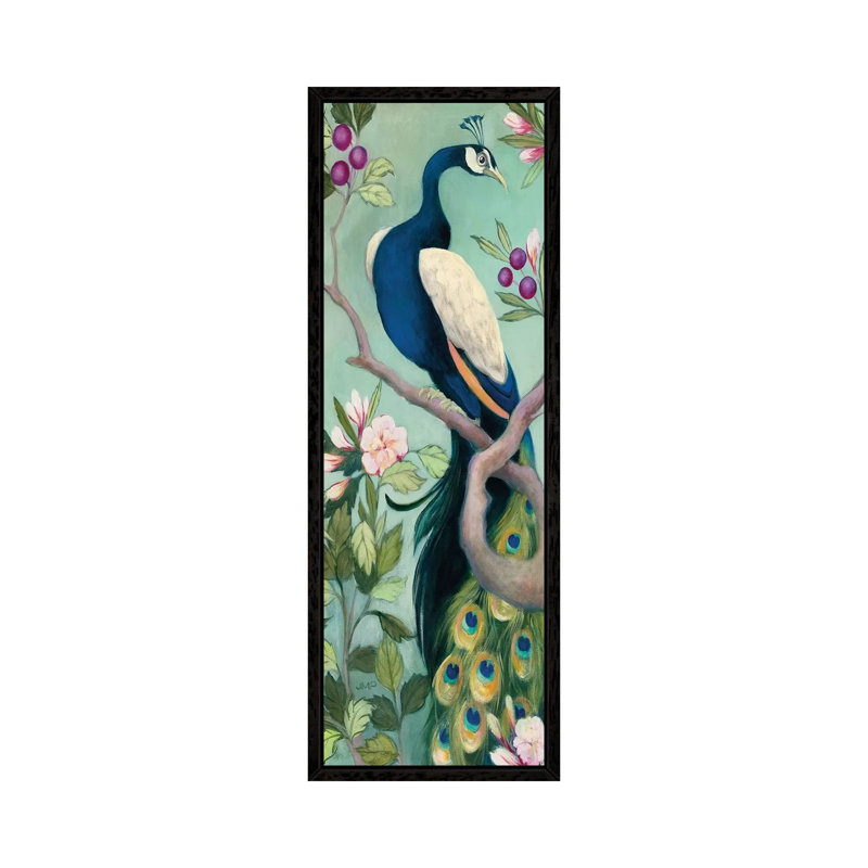 Pretty Peacock I Crop by Julia Purinton - Panoramic Painting on Canvas, 152.4cm H x 50.8cm W x 3.81cm D, Black Framed