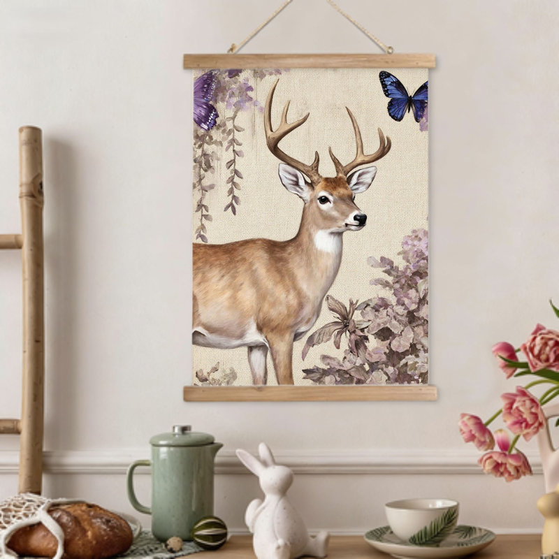 Doux cerf avec papillons, art mural à volutes suspendues, cintre en bois intégré, l 16 x L 24