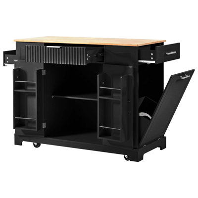 Fluted Rubber Wood Kitchen Island With Concealed Tilt-Out Trash Can, Built-In Power Outlets, Adjustable Internal Shelves, Rolling Mobility, And Multi-Tier Open Storage.