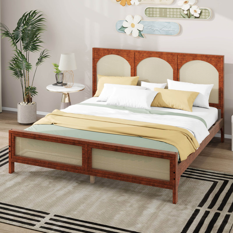 Lit plateforme très grand en bois avec tête et pied de lit en rotin, support de lattes solide, aucun sommier requis