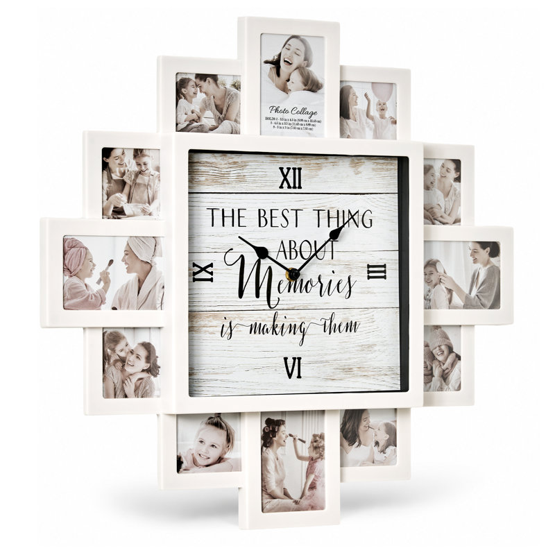 Horloge murale collage photo « Souvenirs » 50 x 50 cm, cadre photo blanc style ferme pouvant contenir 12 photos, fonctionne à piles, idéale pour décorer une chambre de bébé, une chambre d'enfant, un salon ou pour créer des souvenirs de famille.
