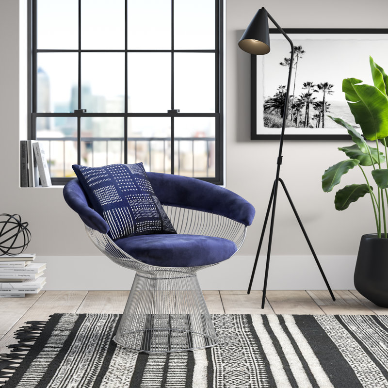 Pangea Home Modern Navy Velvet Upholstered Fern Arm/Accent Chair with Silver Metal Wire Base – Contemporary Lounge, Bedroom, or Dining Armchair
