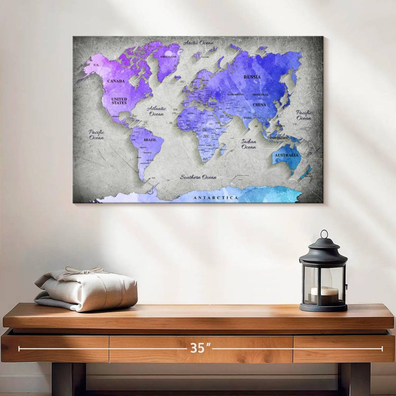 Carte du monde sur toile, impression sur toile, H 16 po x l 24 po x P 1,25 po