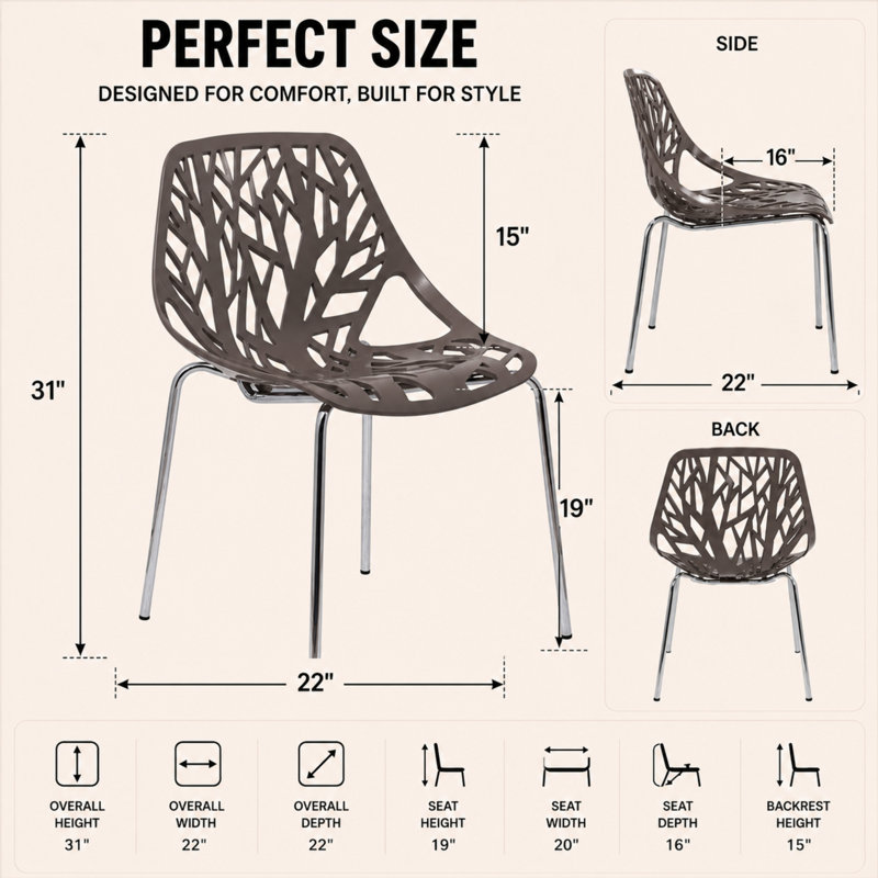 Asbury Stackable Dining Chair with Floral Cutout Back and Stainless Steel Legs – Modern Metal Side Chair for Kitchen, Dining Room, or Restaurant