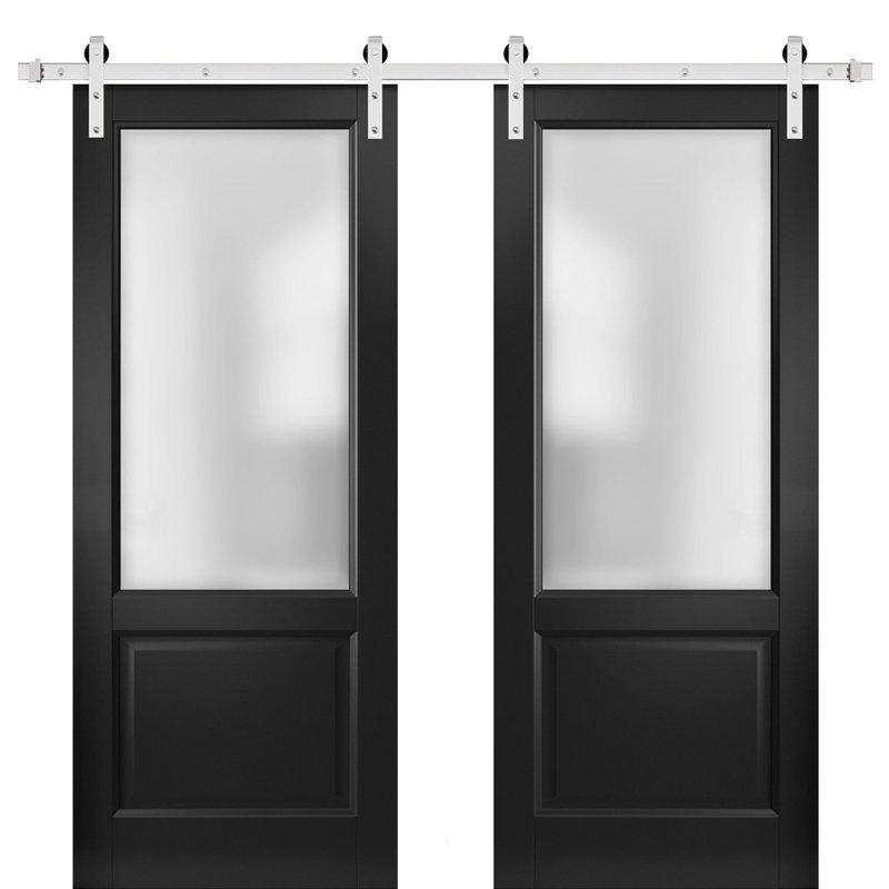 Portes de grange intérieures en verre givré Lucia avec ensemble de quincaillerie d'installation, Argent, 72 po x 96 po