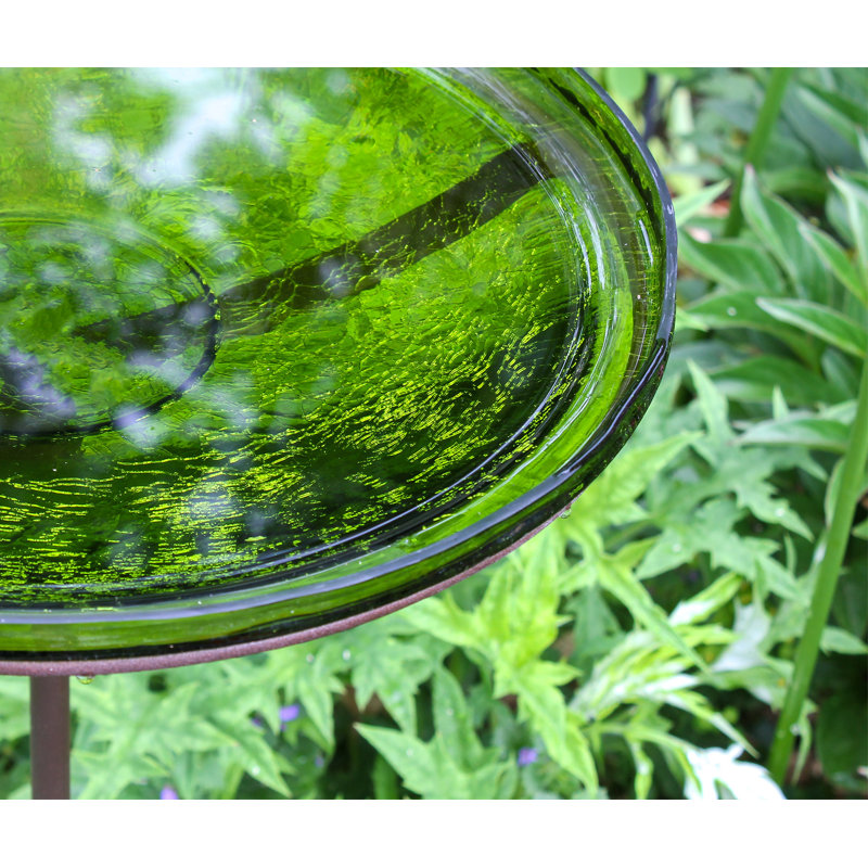 Fern Green Hand Blown Glass Birdbath with Stake