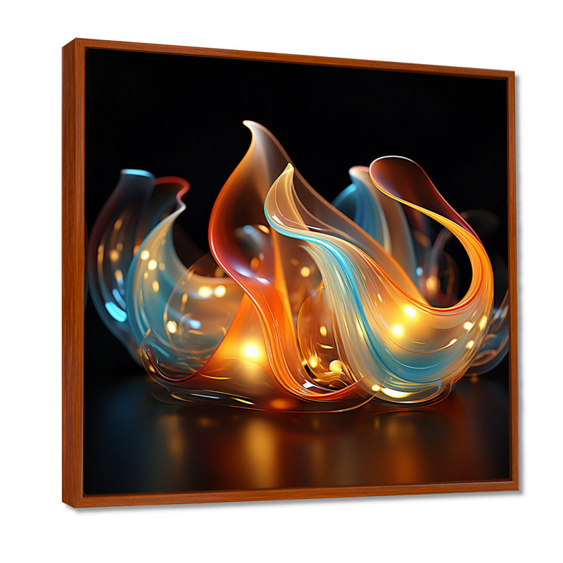 Feu, vagues d'eau, bleu et orange - formes modernes abstraites, art mural, Toile avec cadre flottant brun, H 36 po x l 36 po