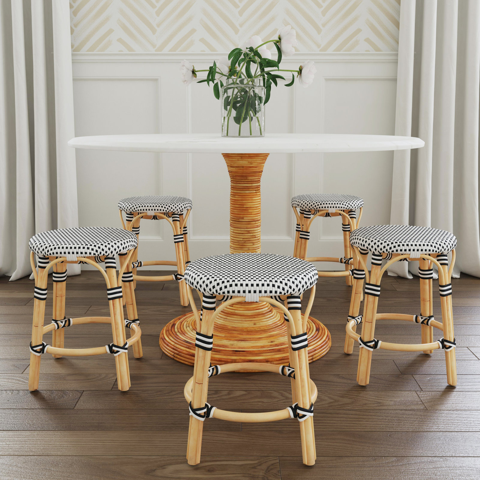 Alastair 18" Dining Short Stool, White/Black Dot/Natural Rattan Frame