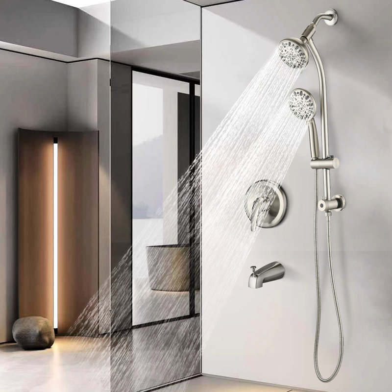 Système de pomme de douche double à 7 réglages avec barre coulissante en acier inoxydable, nickel brossé, bec de baignoire en métal et ensemble de perceuse 5 pouces, 7 réglages,