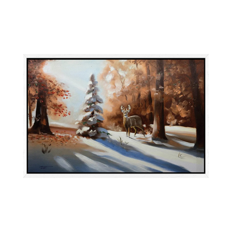 Deer At Dawn In Snowy Woods 1 Piece Wall Art on Canvas, 66.04 cm H x 45.72 cm W, White Floater Framed
