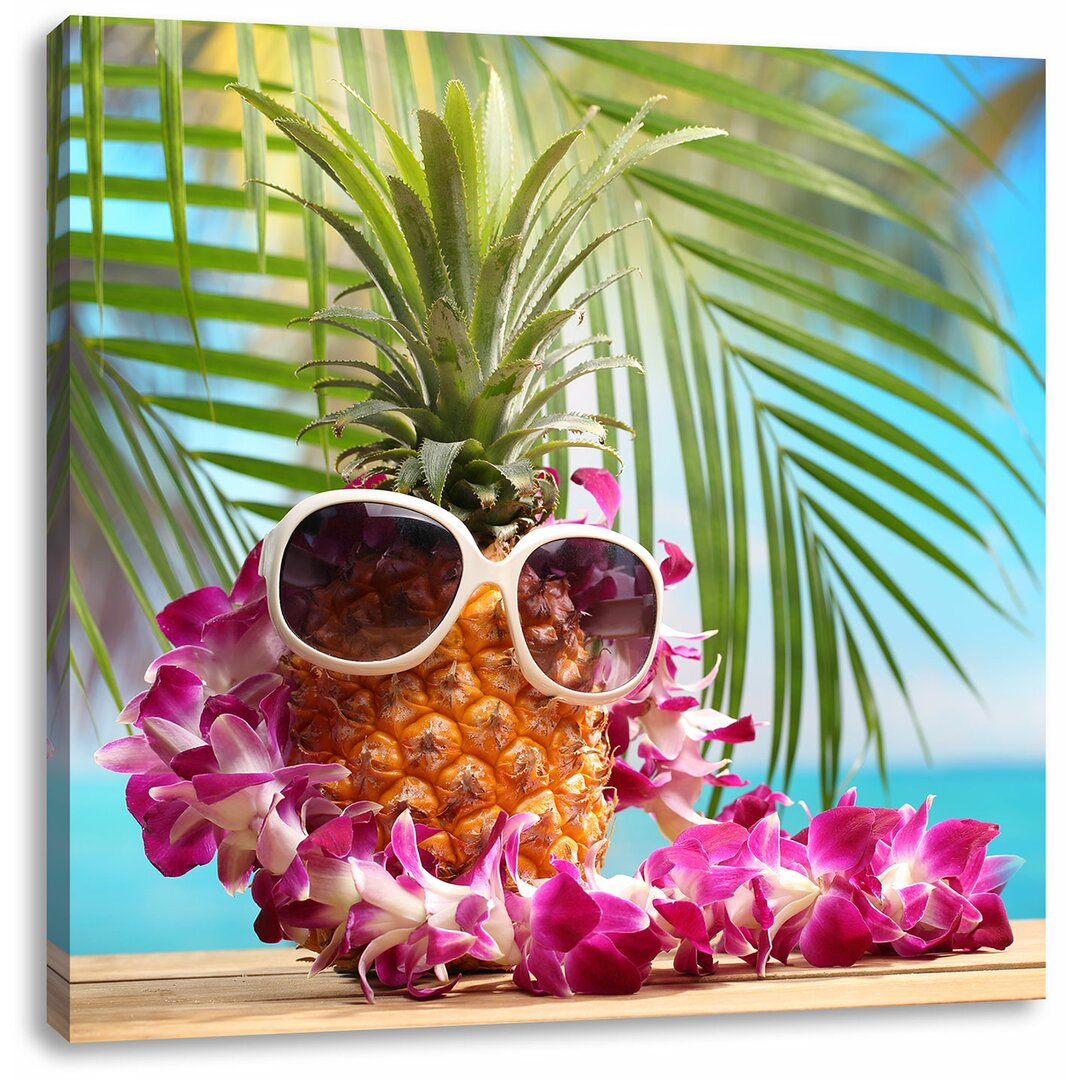 Leinwandbild Ananas Urlaubsfeeling mit Sonnenbrille