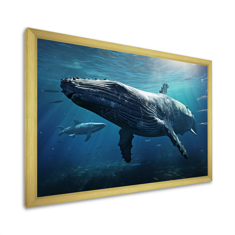 «Blue Marine Animals Graceful Giants», reproduction sur toile, H 30 po x l 40 po x P 1,5 po, Encadrement doré