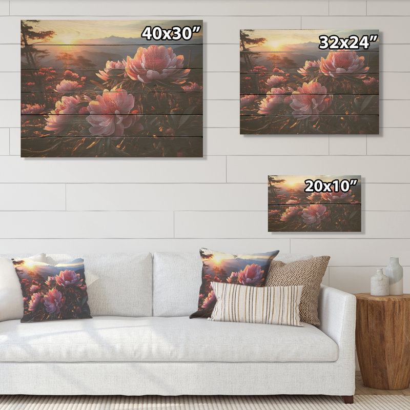 Pink Rhododendron Field Blooms At Sunset - Rhododendron Wood Art On Natural Pine Wood, 30" H x 40" W