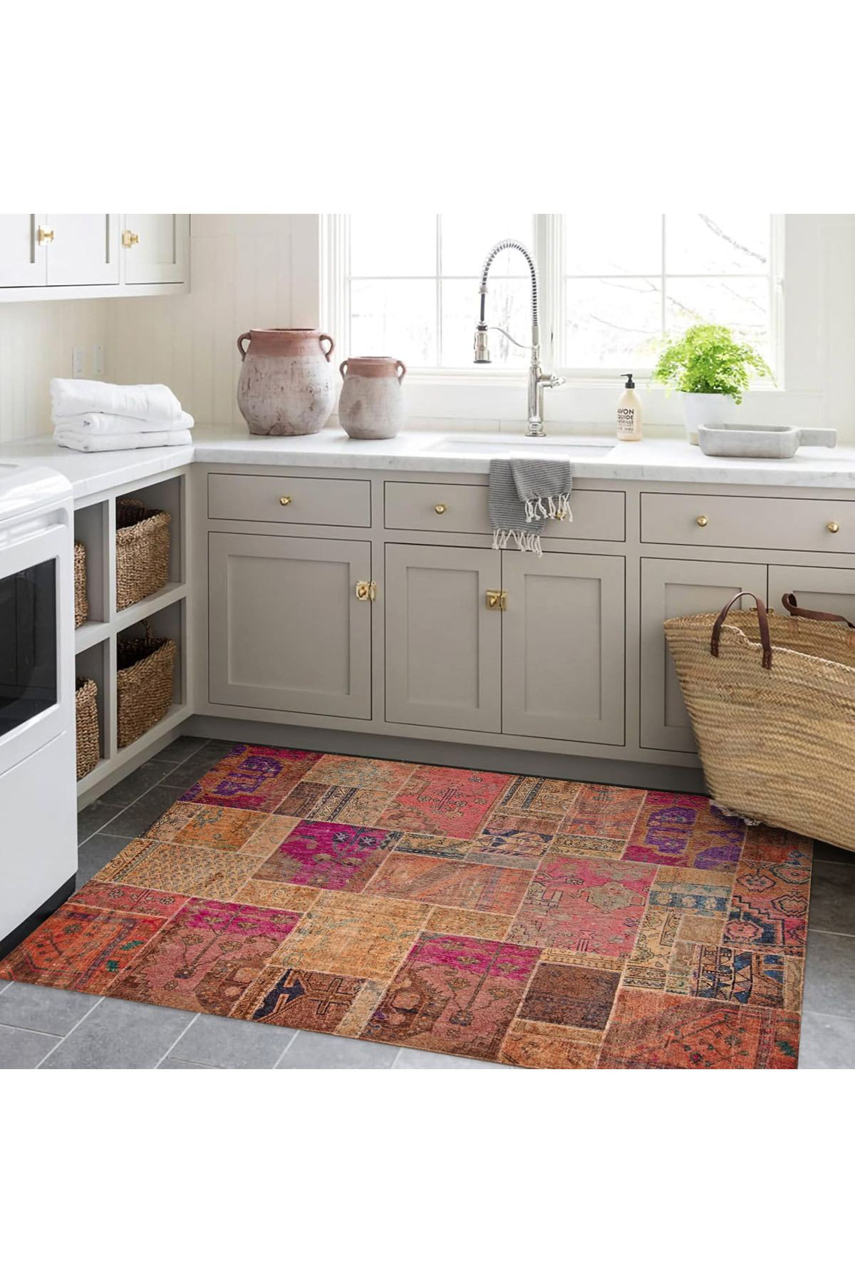 Bungalow Rose Patchwork Look Pink Orange Toned Woven Base Decorative ...